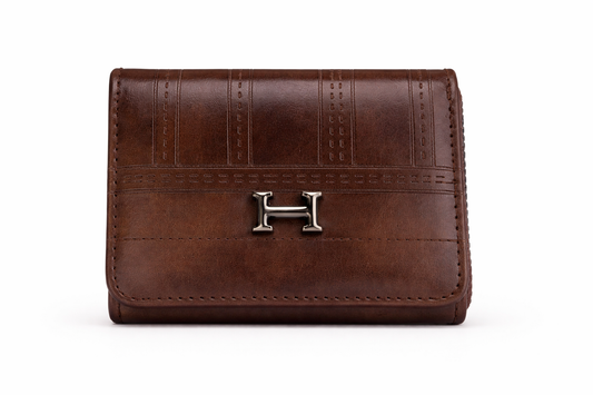 Men's Brown PU Leather Wallet with Metal Logo, Compact Fold Wallet with Snap Closure