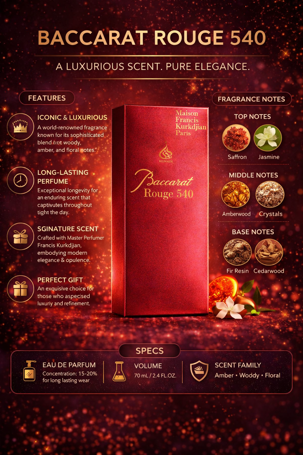 Baccarat Rouge 540 Eau De Parfum, Luxury Amber Woody Floral Perfume with Saffron Jasmine Notes, Long-Lasting Fragrance 70ml