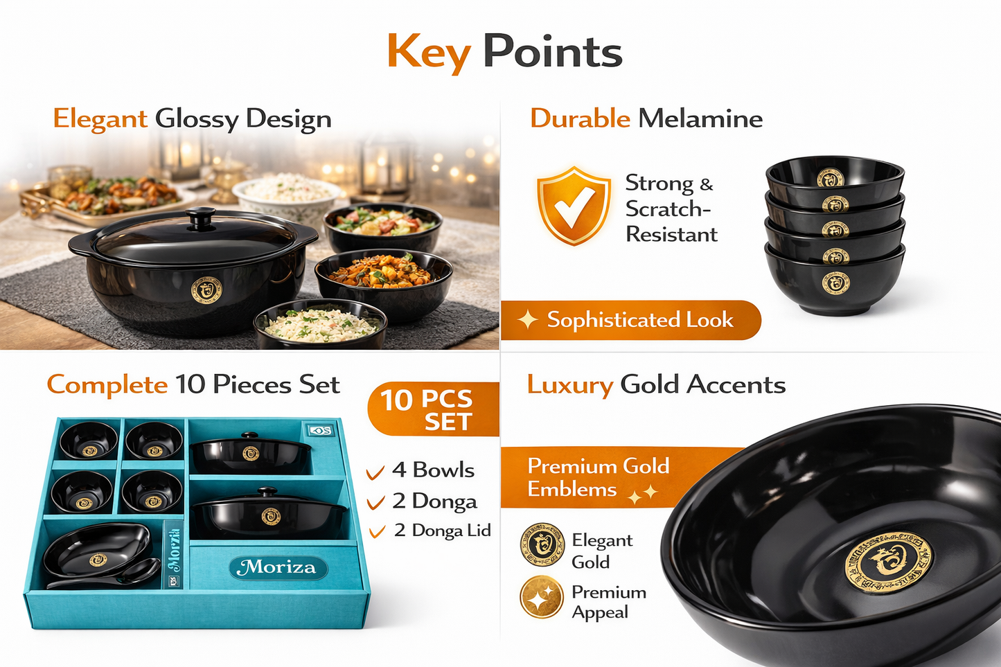 10-Piece Melamine Serving Bowl Set with Donga & Lids | 4 Bowls + 2 Donga + 2 Lids + Serving Spoon Set