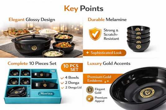 10-Piece Melamine Serving Bowl Set with Donga & Lids | 4 Bowls + 2 Donga + 2 Lids + Serving Spoon Set