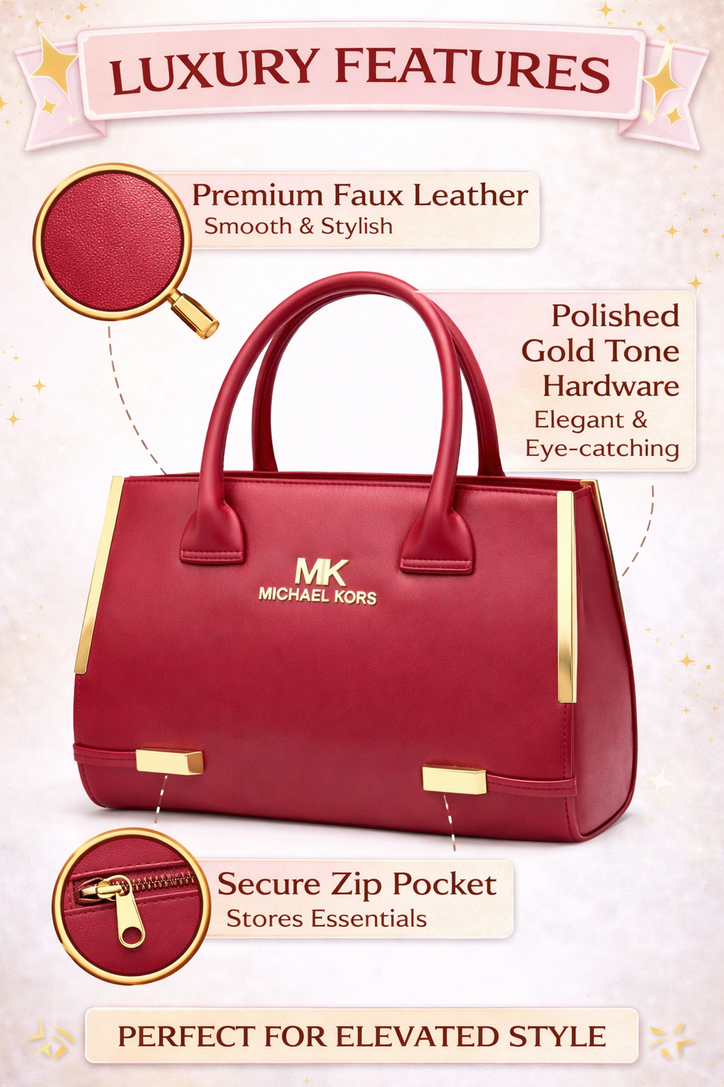 Luxury Red Faux Leather Handbag for Women | Premium Structured Tote Bag with Gold Tone Hardware