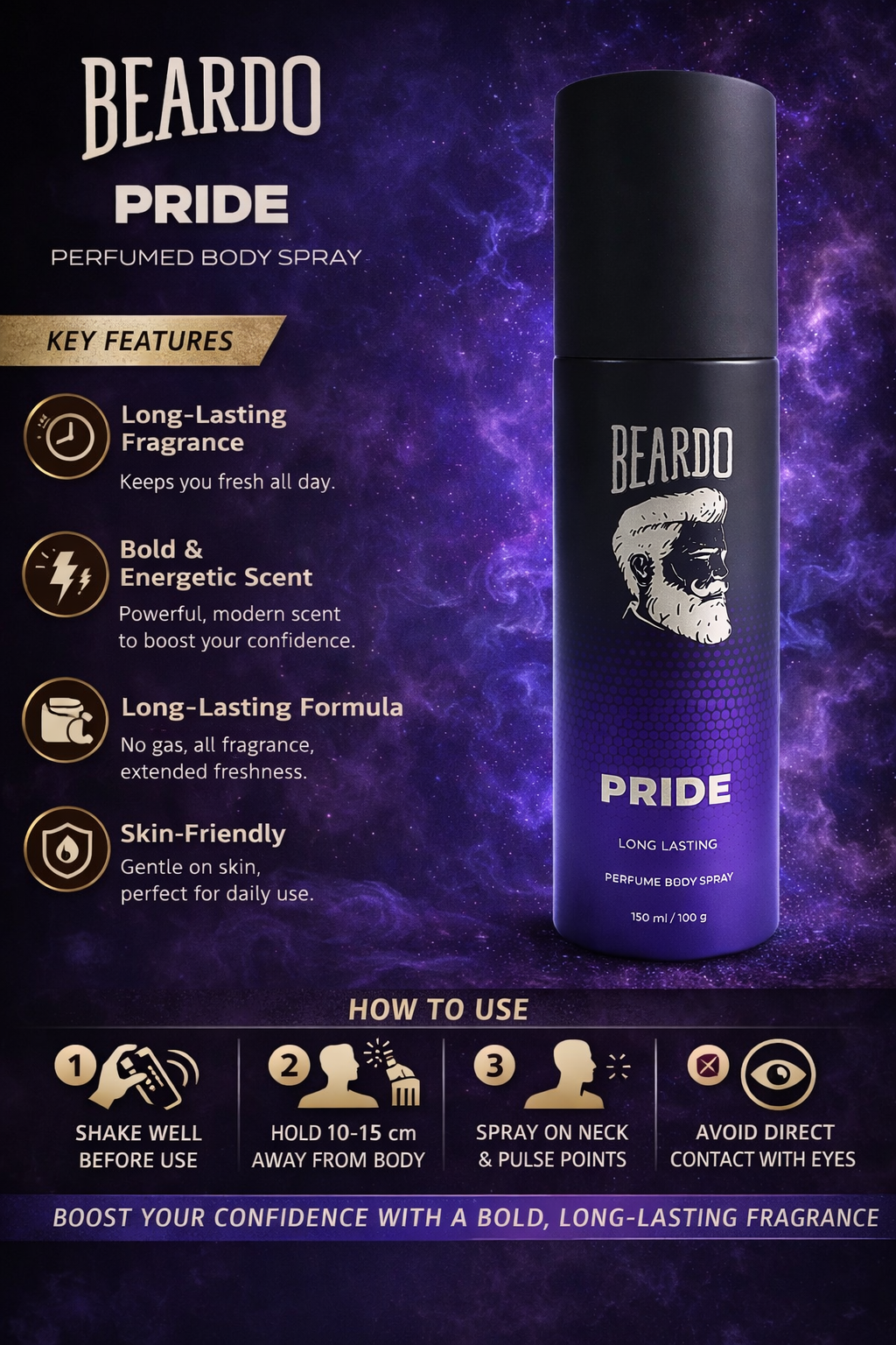 Beardo Pride Perfumed Body Spray for Men, Long Lasting Bold & Energetic Fragrance, Gas-Free Formula, Skin Friendly Daily Use Perfume Spray – 150 ml