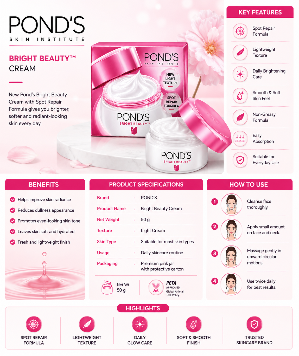 Pond's Bright Beauty Face Cream – Lightweight Daily Moisturizer with Spot Repair Formula, Non-Greasy Skin Brightening Cream for Soft, Smooth & Radiant Skin, 50g