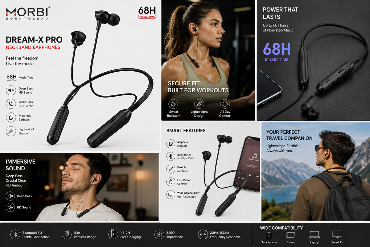 MORBI Dream-X Pro Bluetooth Neckband Earphones with Mic, 68 Hours Music Time, Bluetooth 5.3, Deep Bass HD Sound, Magnetic Earbuds, Sweat Resistant, Lightweight Flexible Neckband, 10M Wireless Range, Black