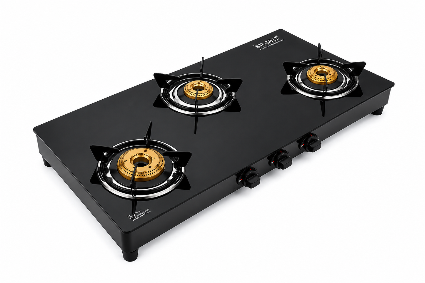 SR-3022 Square-40 Black 3 Burner Gas Stove | Toughened Glass Top | 90mm Brass Burners | Heavy Duty Pan Support | Manual Ignition LPG Gas Stove | Black