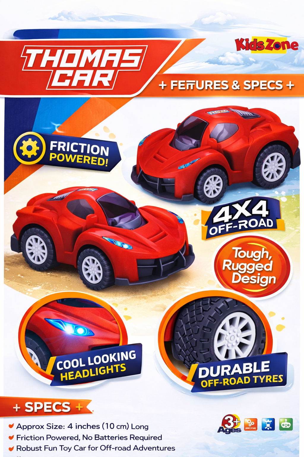 KidsZone Thomas Car Friction Powered Toy – 4x4 Off-Road Rugged Racing Car for Toddlers – Durable Rubber Tires & Cool Headlight Detail – No Batteries Required – Red Sports Car for Kids Ages 3+