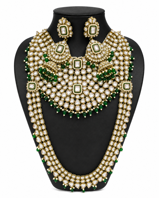 Kundan & Emerald Heritage Necklace Set for Women | Bridal Kundan Jewelry with Earrings | Traditional Indian Wedding Necklace Set with Green Beads