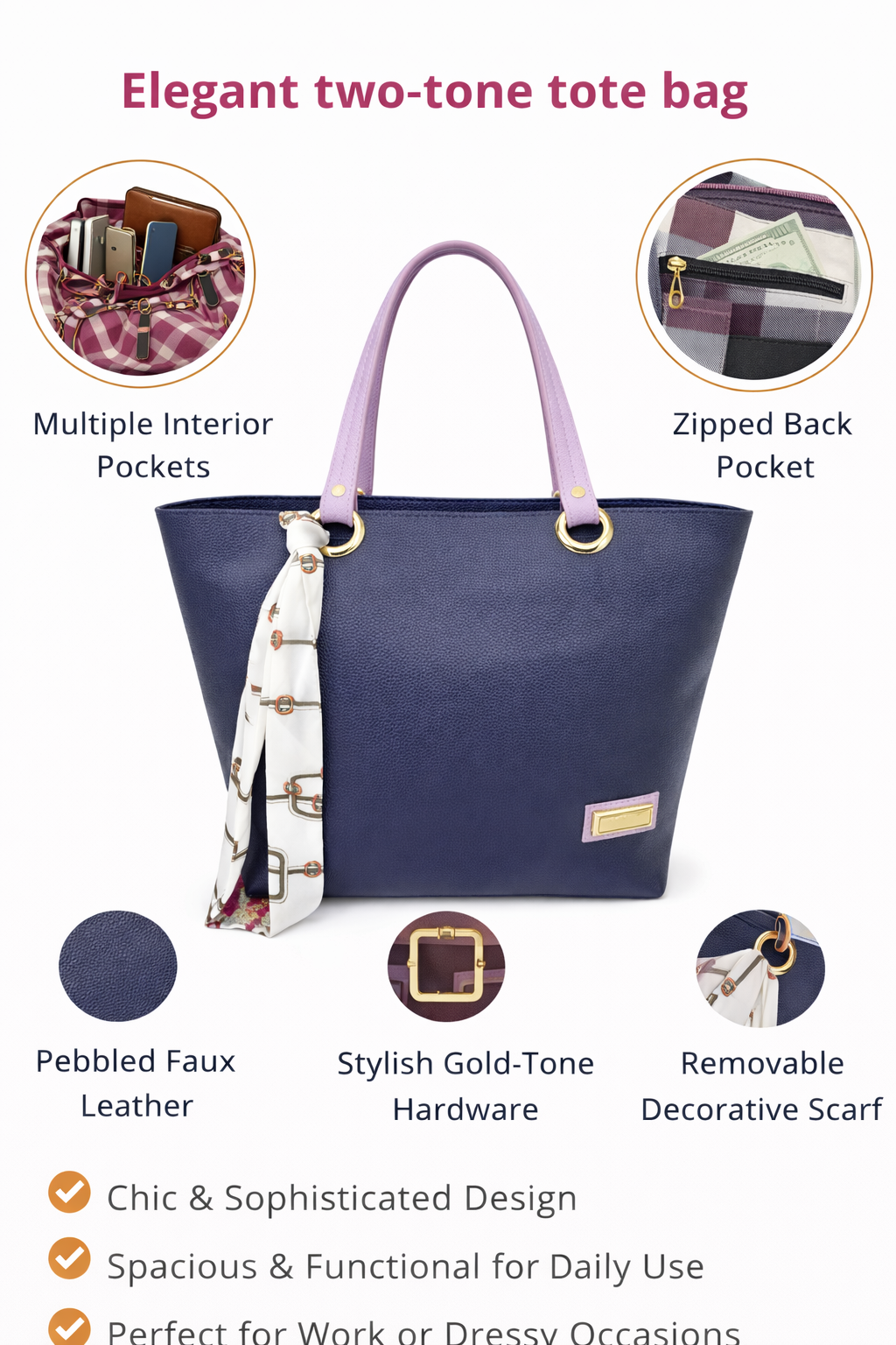 Two Tone Tote Bag for Women, Faux Leather Shoulder Handbag with Multiple Interior Pockets