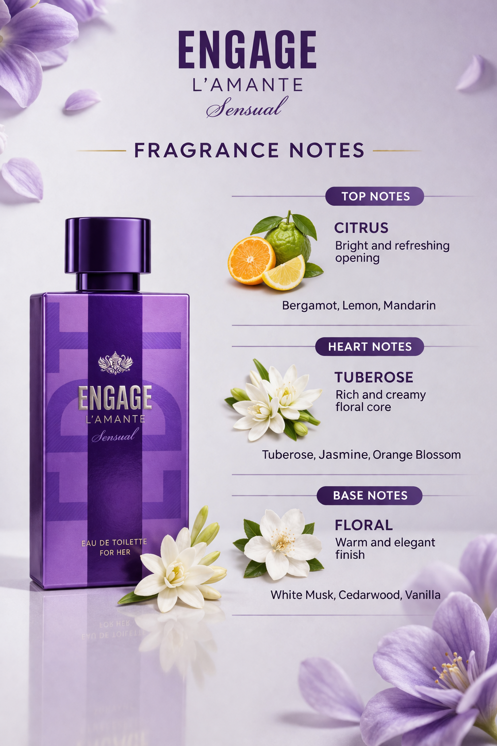 Engage L’Amante Sensual Eau De Toilette for Women | Floral Citrus Musky Perfume | Long Lasting Daily Wear Fragrance