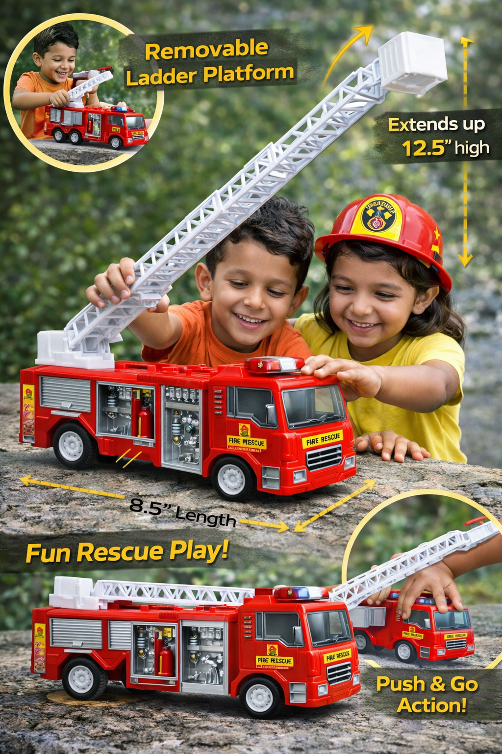 1:16 Scale Fire Truck Toy with 360° Rotating Extendable Ladder (12.5”)