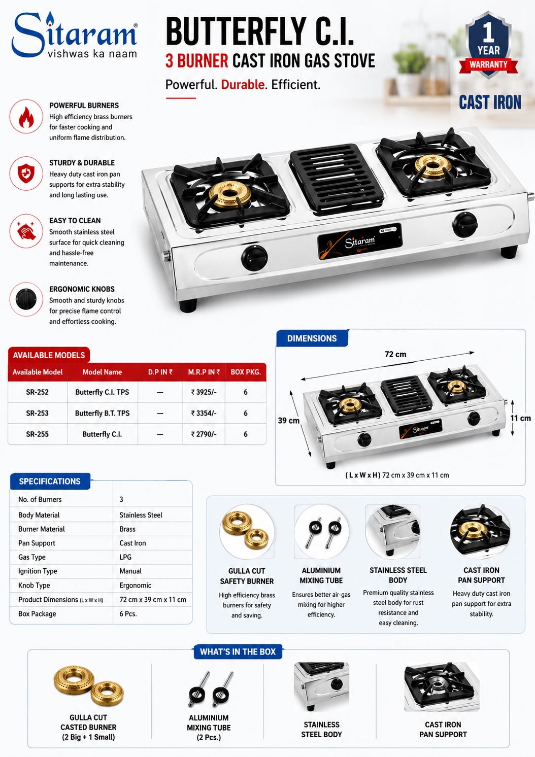 Sitaram Butterfly C.I. 3 Burner Gas Stove | Cast Iron Pan Support | Brass Burners | Stainless Steel Body | Manual Ignition LPG Gas Stove | SR-252