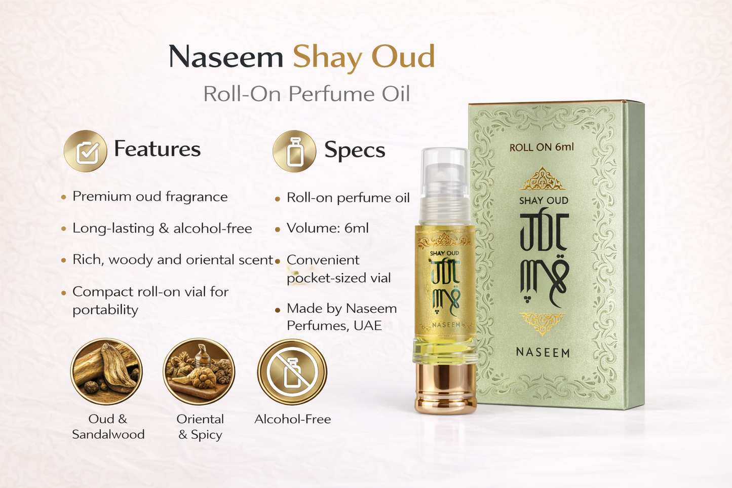 Naseem Shay Oud Attar Roll On Perfume Oil 6ml – Alcohol-Free Long Lasting Oud Fragrance for Men & Women