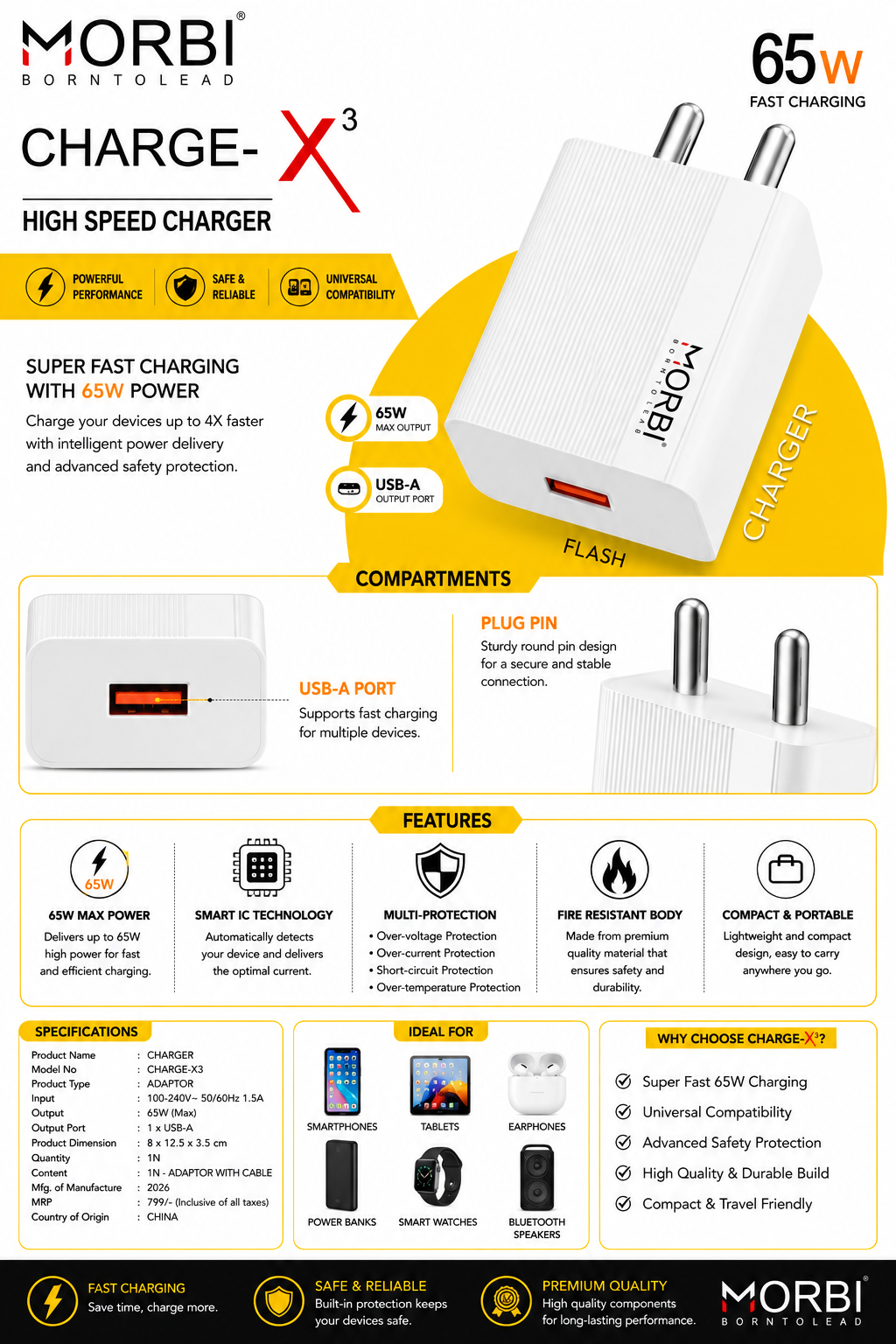 MORBI Charge-X3 65W Fast Charger, High-Speed USB-A Wall Charger Adapter with Smart IC & Multi-Protection, Compact Travel Charger for Smartphone, Tablet, Earbuds, Smartwatch, Power Bank & Bluetooth Speaker