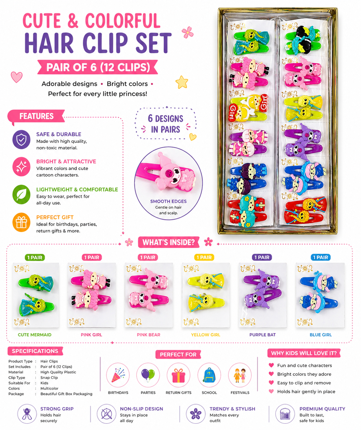 Harmal Store Cute & Colorful Hair Clip Set for Girls – 12-Piece Snap Clip Collection (6 Adorable Pairs) in Premium Gift Box