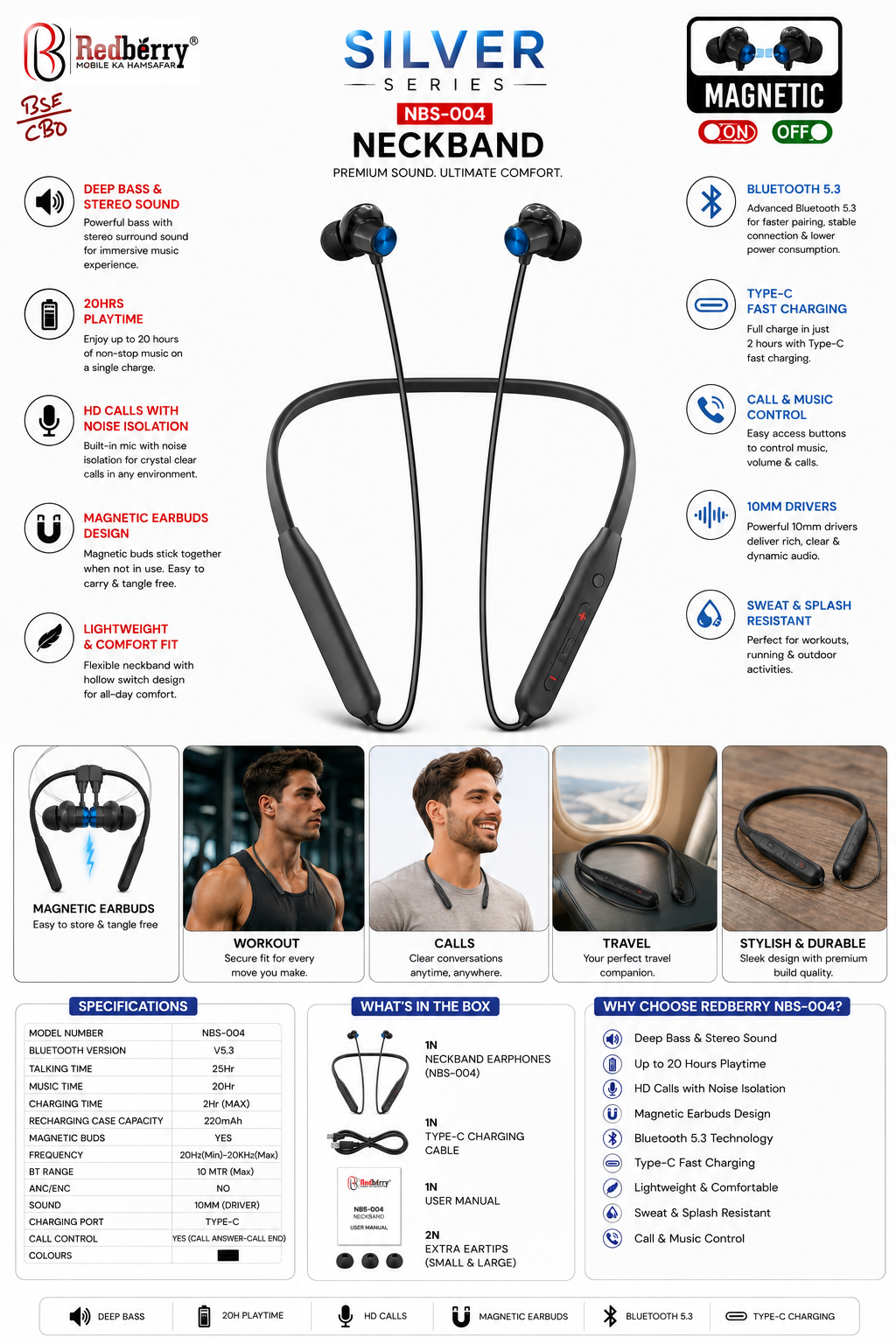 Redberry NBS-004 Bluetooth Neckband Earphones, Up to 20 Hours Playback, Bluetooth 5.3, Deep Bass Stereo Sound, 10mm Drivers, HD Calls with Noise Isolation, Magnetic Earbuds, Type-C Fast Charging, Sweat & Splash Resistant