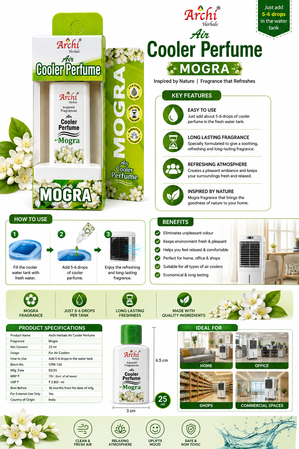 Archi Herbals Air Cooler Perfume Mogra 25 ml | Air Cooler Fragrance for Home, Office & Shops | Long Lasting Fresh Floral Fragrance | Add 5–6 Drops to Cooler Water Tank