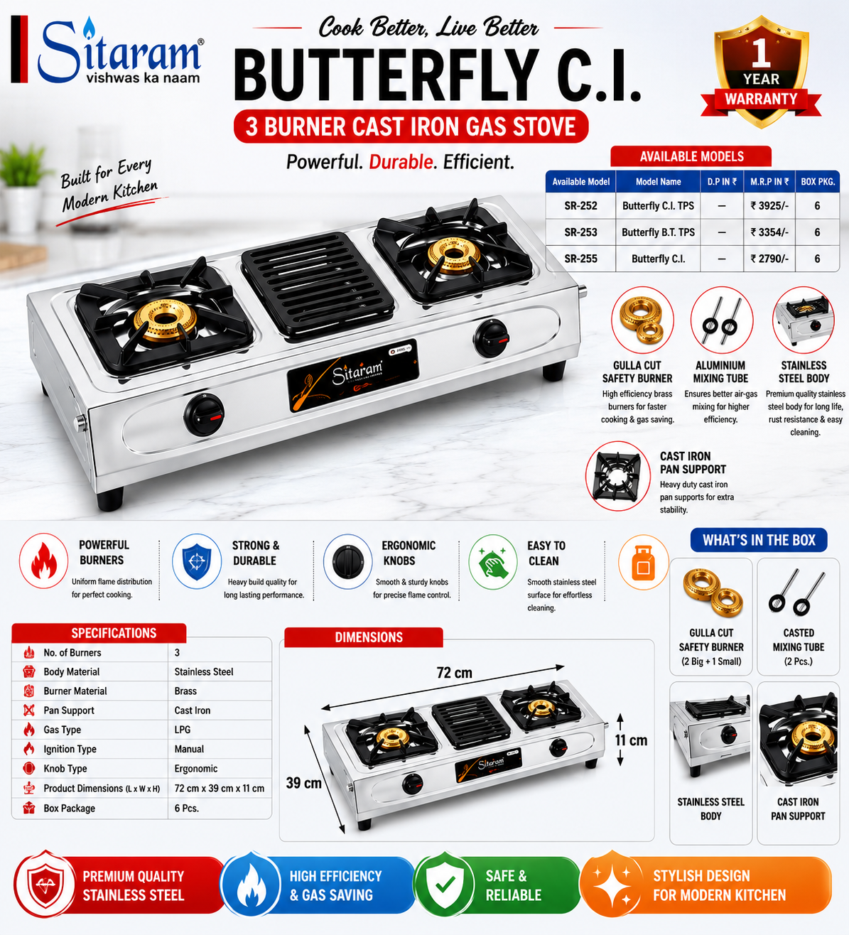 Sitaram Butterfly C.I. 3 Burner Gas Stove | Cast Iron Pan Support | Brass Burners | Stainless Steel Body | Manual Ignition LPG Gas Stove | SR-252