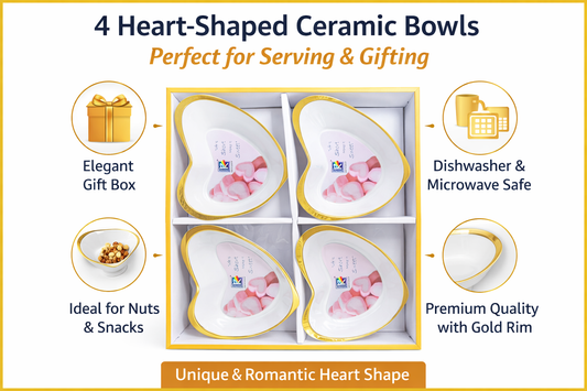Heart Shape Ceramic Bowl Set (4 Pieces) with Gold Rim – Premium Snack & Dessert Serving Bowls