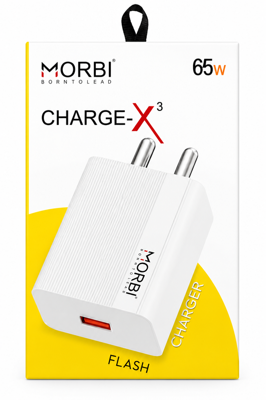MORBI Charge-X3 65W Fast Charger, High-Speed USB-A Wall Charger Adapter with Smart IC & Multi-Protection, Compact Travel Charger for Smartphone, Tablet, Earbuds, Smartwatch, Power Bank & Bluetooth Speaker