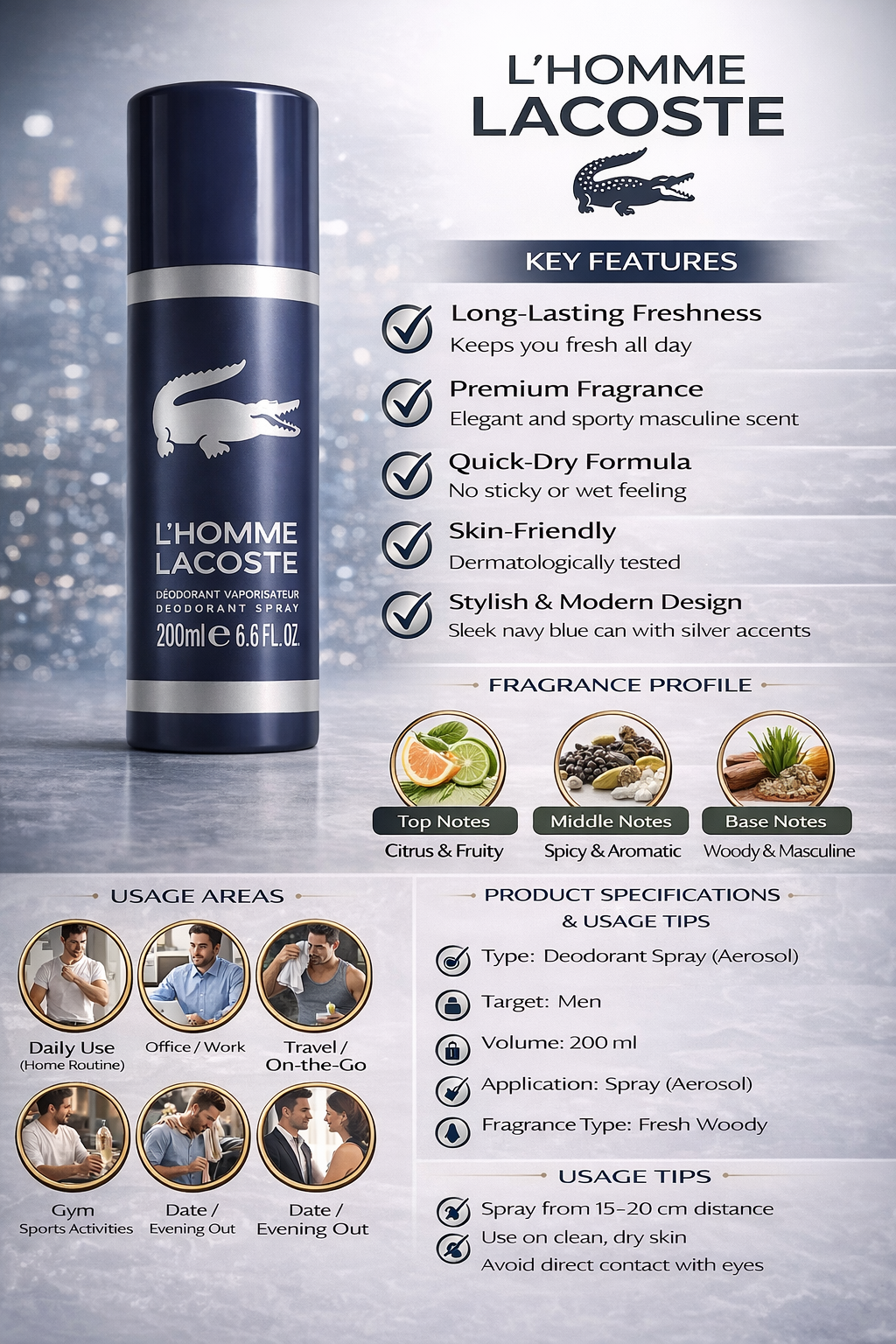 Lacoste L’Homme Deodorant Spray for Men, Long Lasting Fresh Woody Fragrance