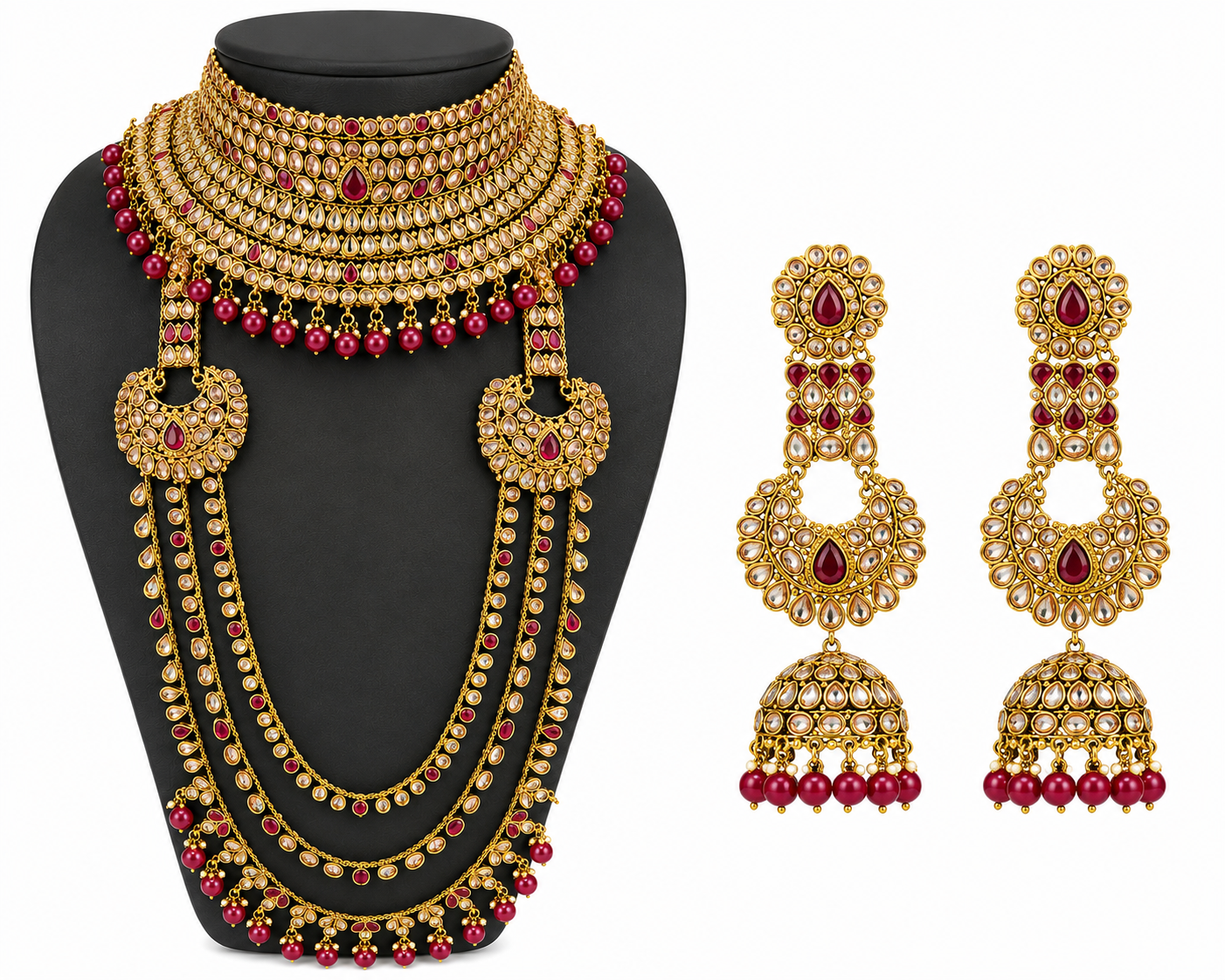 Kundan Heritage Necklace Set for Women | Bridal Kundan Jewelry Set with Ruby Beads & Jhumka Earrings | Traditional Indian Wedding Necklace