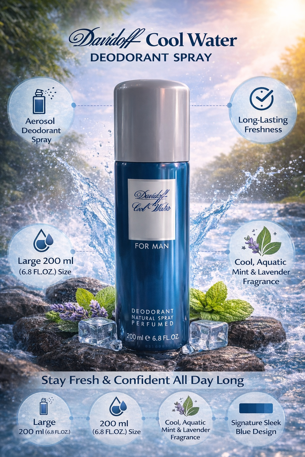 Davidoff Cool Water Deodorant Spray for Men, 200ml – Long Lasting Freshness, Aquatic Fragrance with Mint & Lavender Notes, Body Spray for Daily Use