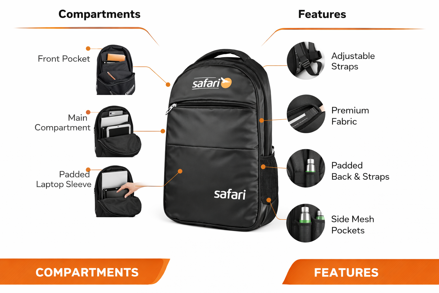 Safari Backpack for Men and Women, Laptop Backpack with Padded Sleeve, Adjustable Straps,