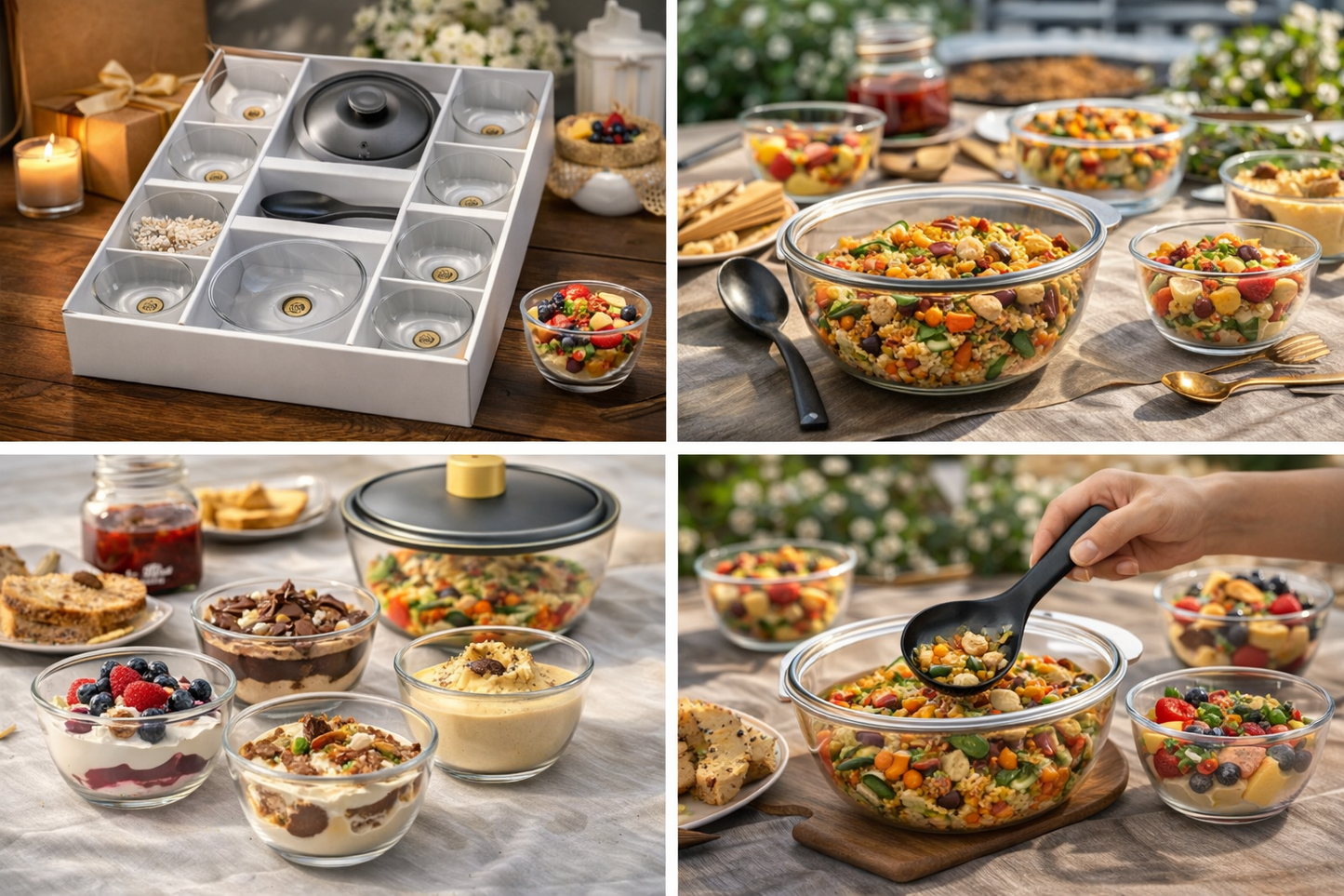 Glass Pudding Bowl Set with Lid & Spoon (7 Pieces) – 1.5L Serving Bowl + 6 Dessert Bowls (5.5 Inch) | Premium Clear Glass Serving Set for Kitchen, Parties, Fruit, Ice Cream – Gift Box Pack