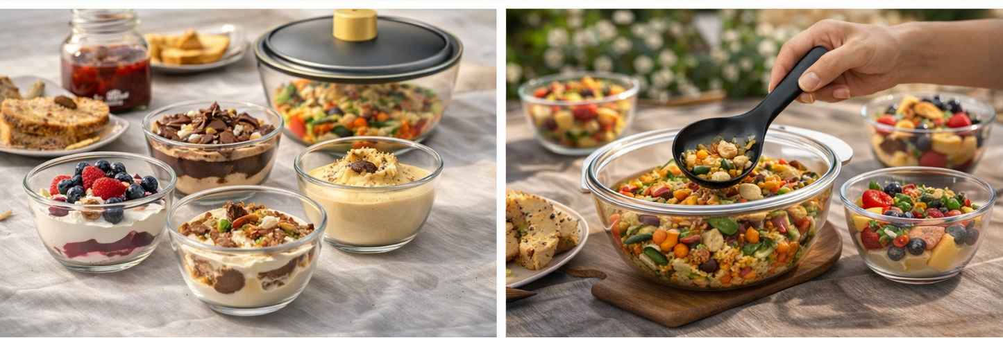 Glass Serving Bowl Set with Lid (1.5 Litre) + 6 Dessert Bowls (5.5 Inch) with Spoon | Premium Glass Pudding Bowl Set