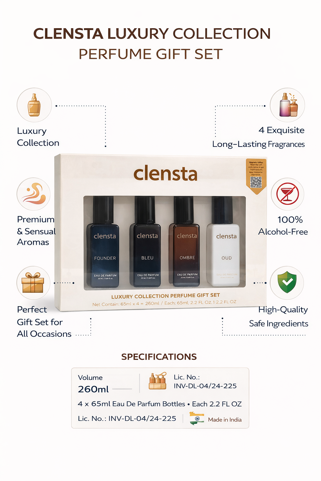 Clensta Luxury Collection Perfume Gift Set for Men, 4 Long-Lasting Eau De Parfum Fragrances, Alcohol-Free Gift Pack (4 x 65ml)