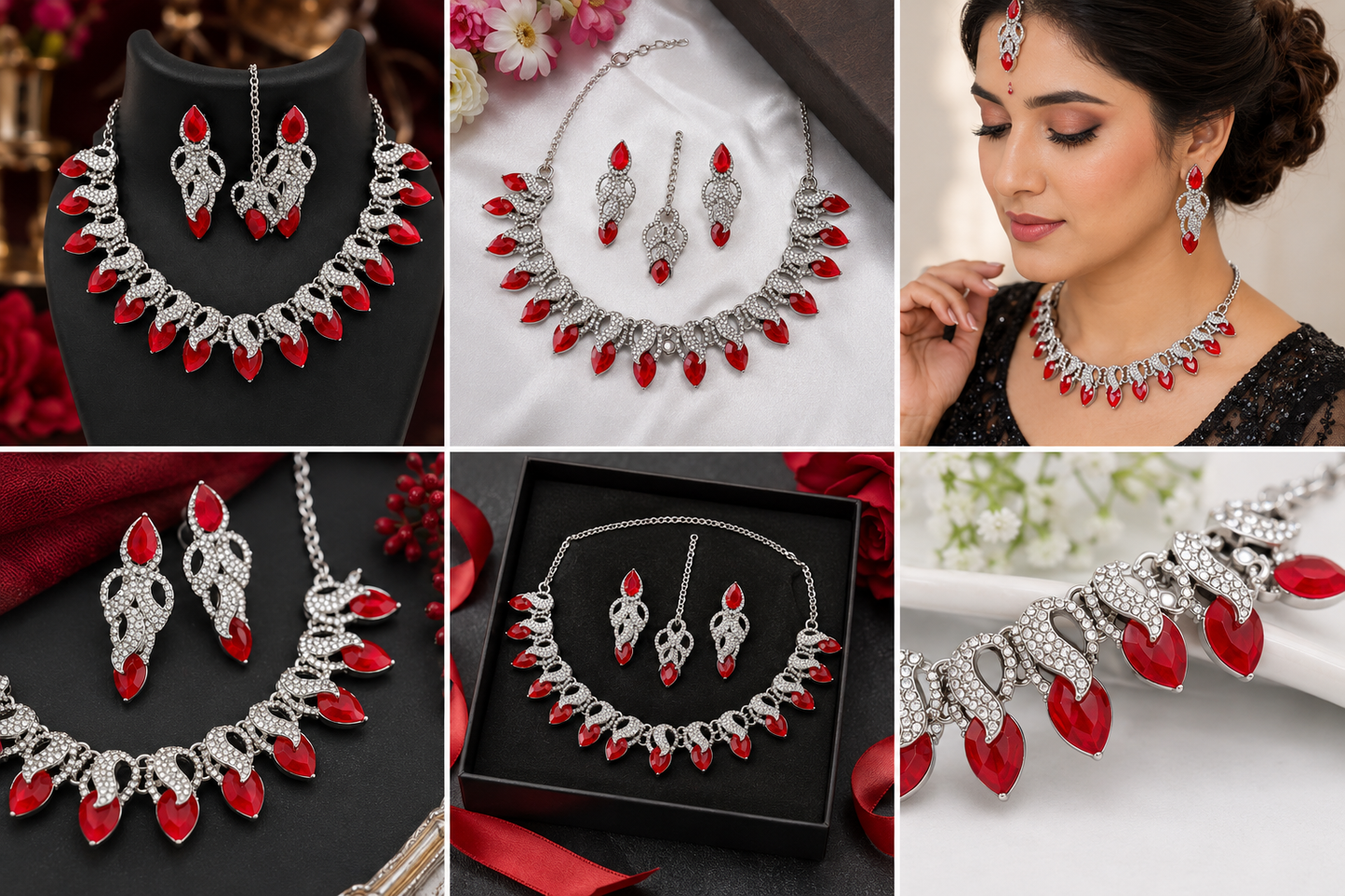 Ruby Leaf Jewelry Set for Women | Red Crystal Necklace Set with Earrings & Maang Tikka | Silver Tone Bridal Wedding Jewelry Set