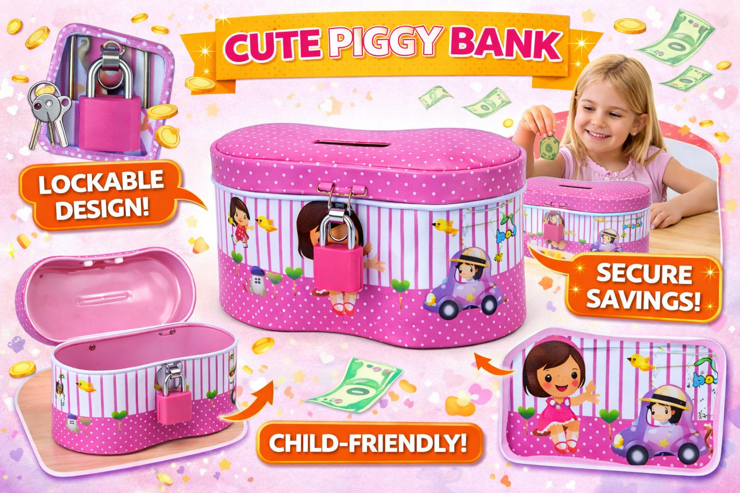 Cartoon Printed Metal Storage Box for Girls