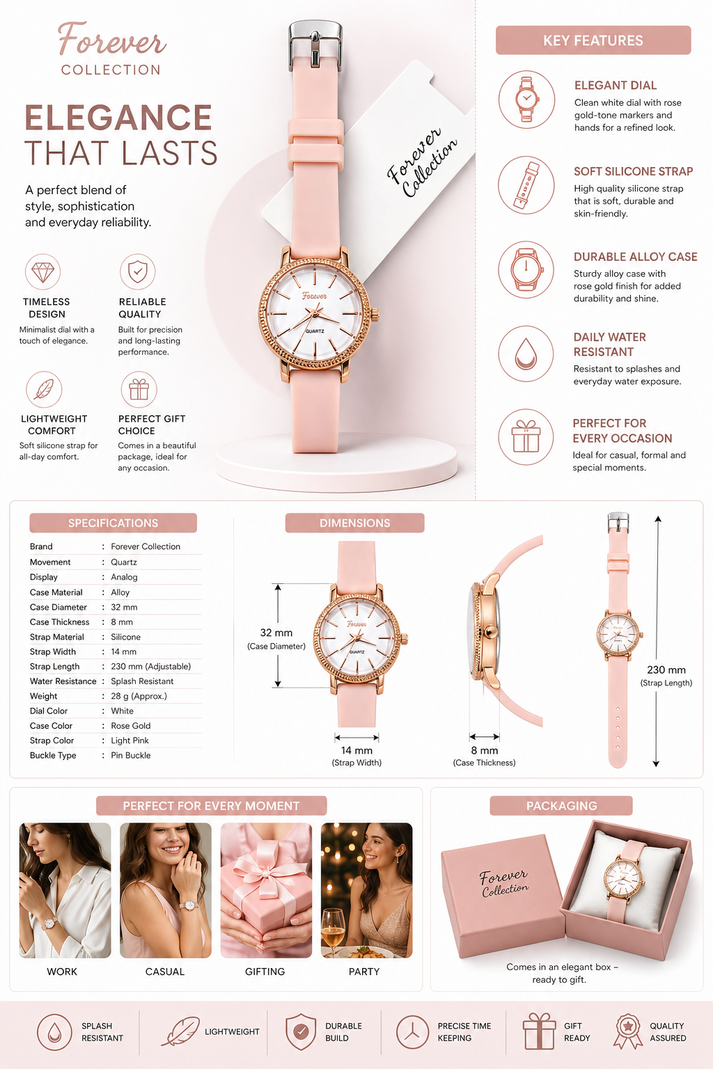 Forever Collection Women’s Analog Watch with Rose Gold Dial, Soft Silicone Strap, Quartz Movement,