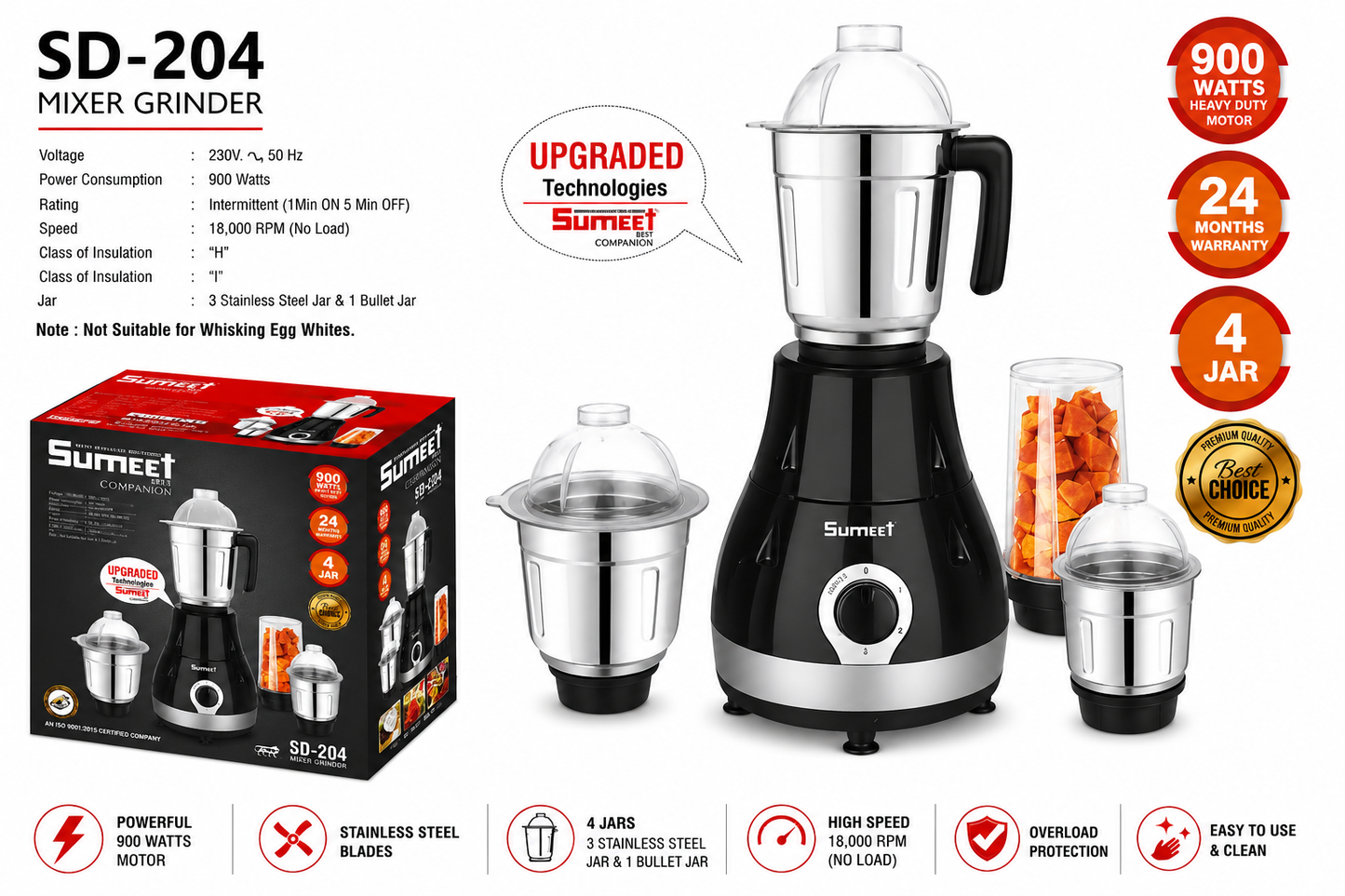 Sumeet SD-204 Mixer Grinder 900 Watts with 4 Jars, Stainless Steel Blades, Heavy Duty Copper Motor, 18000 RPM High Speed, Overload Protection, Black