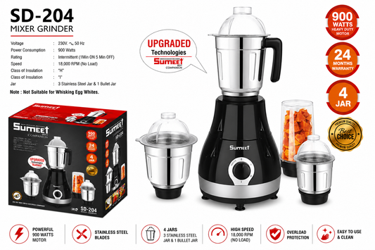 Sumeet SD-204 Mixer Grinder 900 Watts with 4 Jars, Stainless Steel Blades, Heavy Duty Copper Motor, 18000 RPM High Speed, Overload Protection, Black