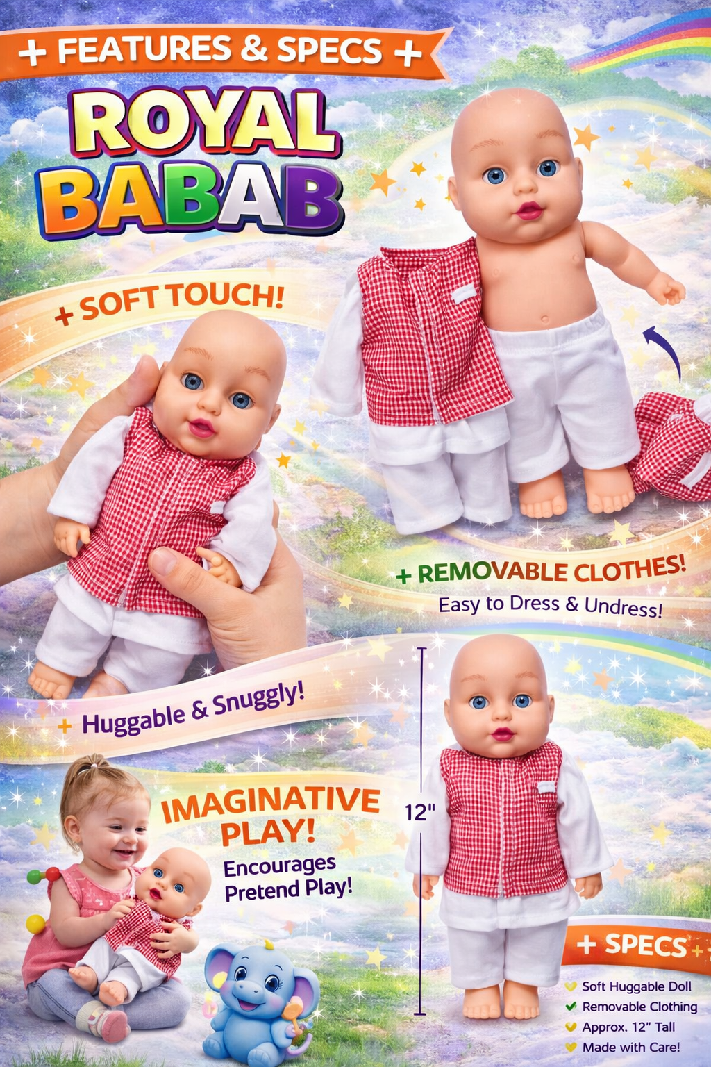 Royal Babab Baby Doll for Kids (3+ Years) – 12 Inch Soft Touch Doll with Removable Clothes, Huggable Toy for Girls & Boys, Pretend Play Baby Doll Gift