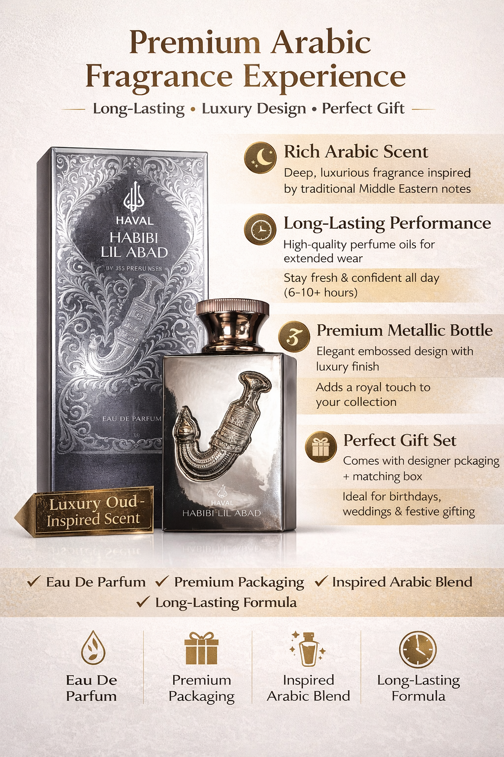 Premium Arabic Perfume Eau De Parfum – Long-Lasting Oud Inspired Fragrance for Men & Women – Luxury Metallic Bottle with Gift Box – Rich Middle Eastern Scent (Habibi Lil Abad)