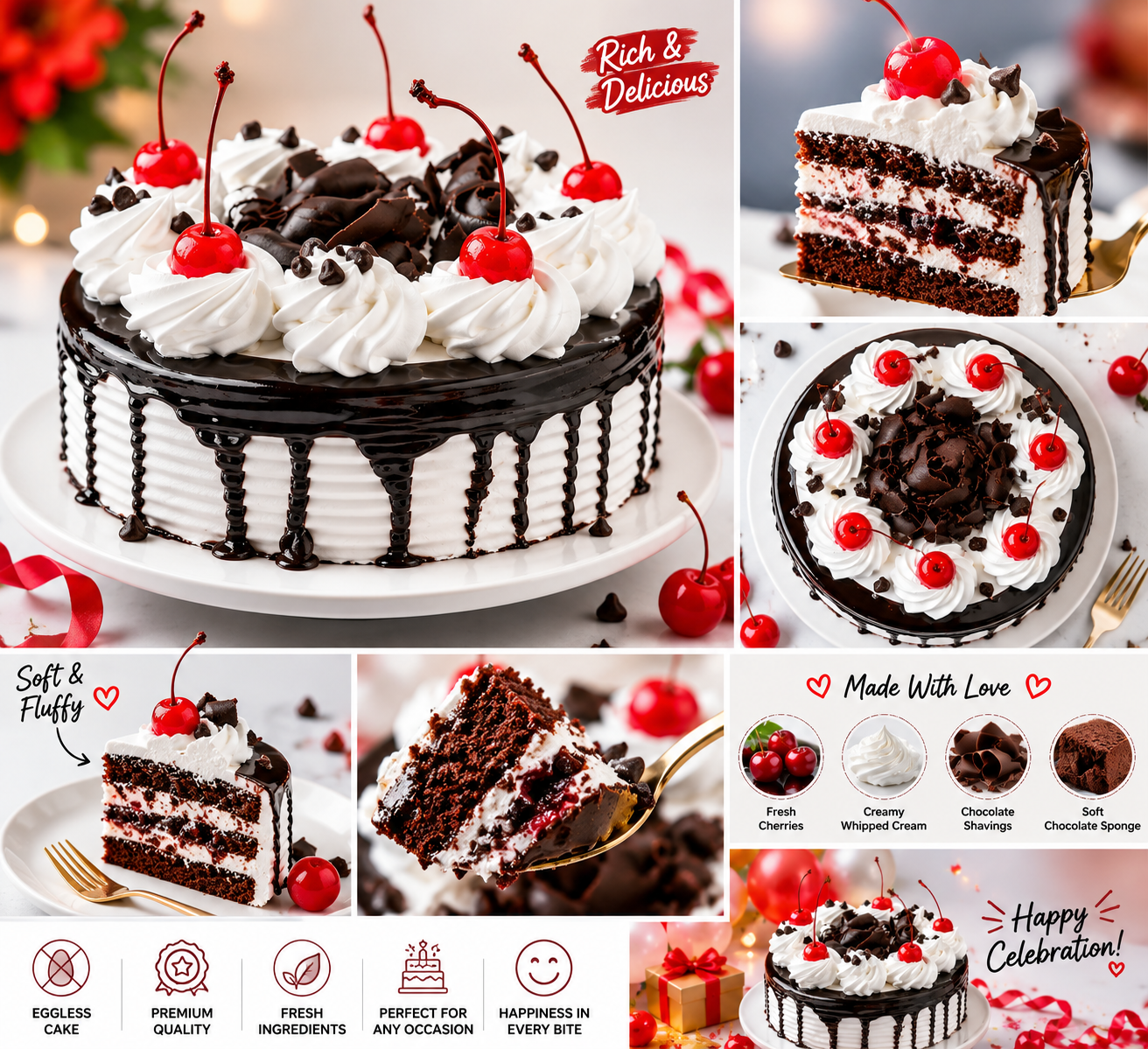 Premium Black Forest Cake (500 grams) | Rich Chocolate Cherry Cake | Fresh Cream Black Forest Cake | Designer Chocolate Cake | Birthday Cake | Anniversary Cake | Celebration Cake | Eggless Cake Option