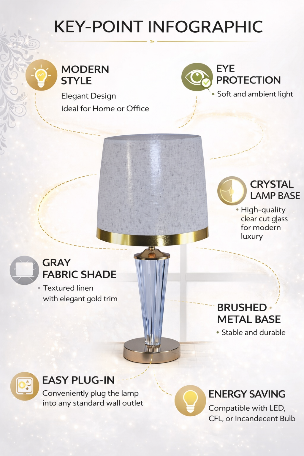 Modern Table Lamp with Fabric Shade & Crystal Base | Bedside Lamp for Bedroom, Living Room & Office