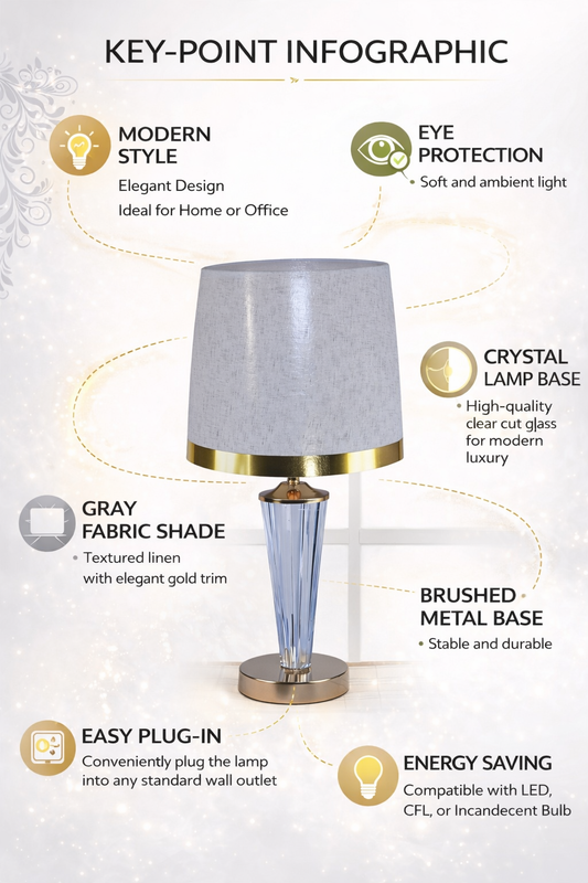 Modern Table Lamp with Fabric Shade & Crystal Base | Bedside Lamp for Bedroom, Living Room & Office
