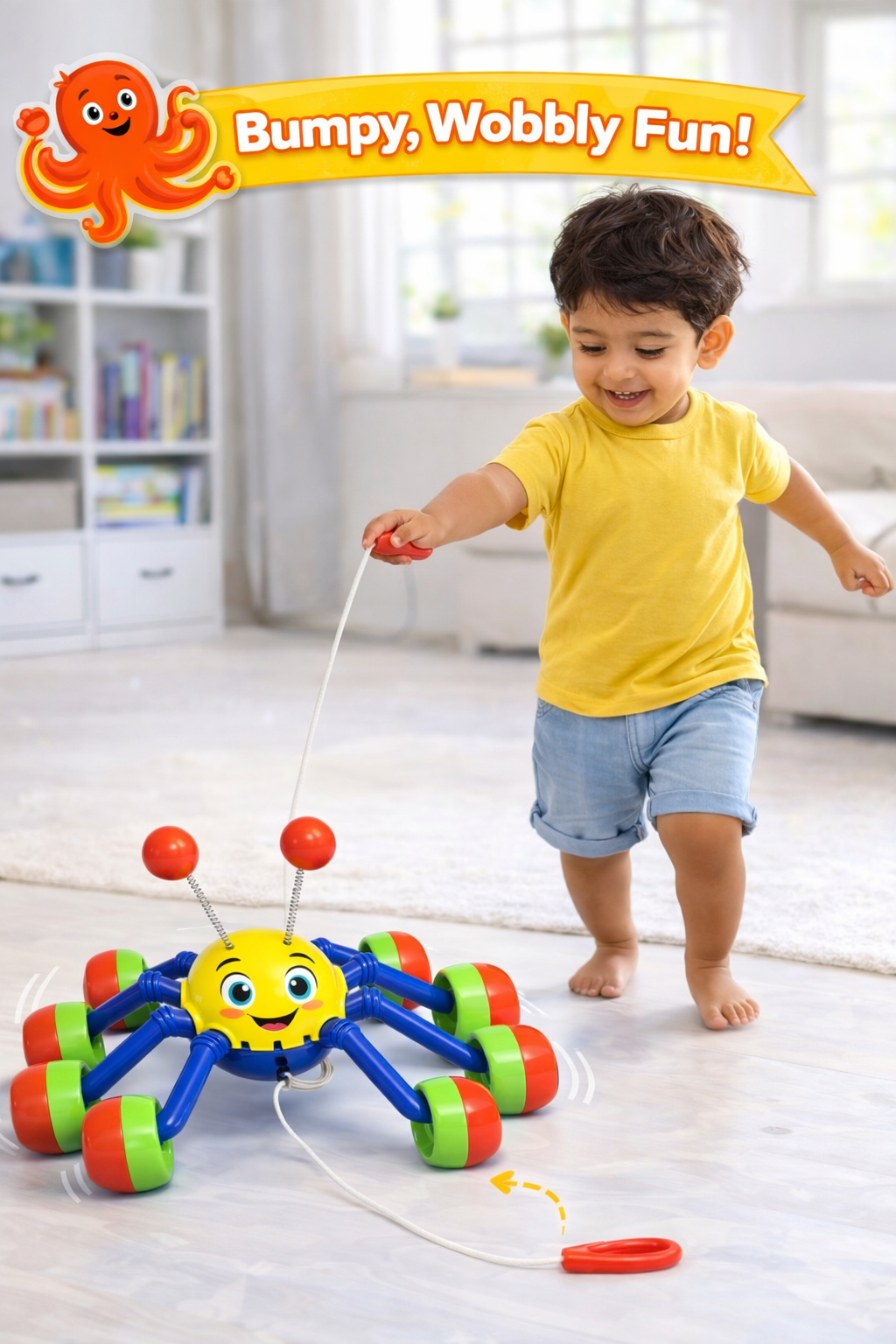 Pulling Octopus Toy for Kids (3+ Years) – Pull Along Wobbly Octopus with Bumpy Walk, Moving Legs, Bouncy Antennas, Motor Skill Development Toy