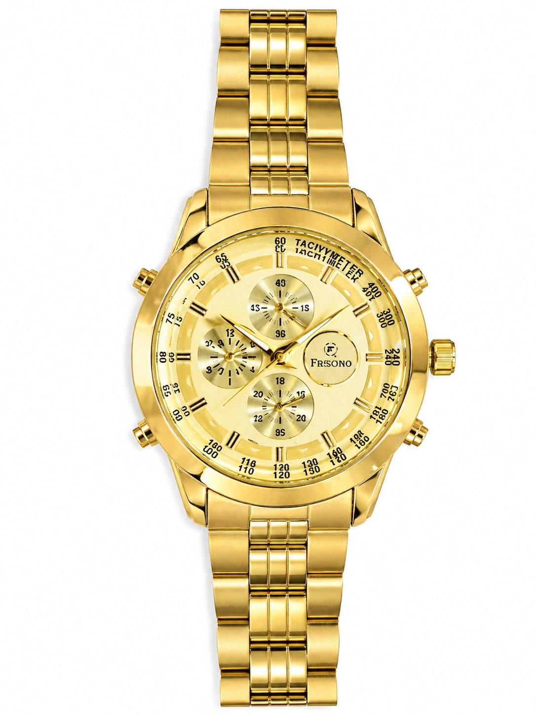 Gold Stainless Steel Strap | Quartz Movement | Tachymeter Dial | Date Display | Luxury Designer Wristwatch