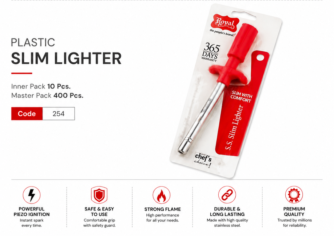 Royal Plastic Slim Gas Lighter for Kitchen, Stainless Steel Slim Gas Stove Lighter with Ergonomic Grip, Manual Spark Igniter, Reusable Kitchen Lighter for Gas Stove, BBQ & Candle, Red