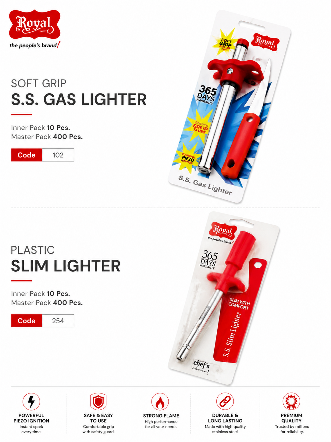 Royal Soft Grip S.S. Gas Lighter, Stainless Steel Piezo Kitchen Gas Lighter with Jet Flame, Refillable Manual Gas Stove Lighter with Safety Guard for Kitchen, BBQ, Candle & Camping, Red & Silver