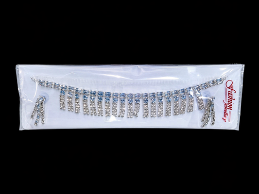 Rhinestone Fringe Accessory and Earring Set for Women – Silver and Light Blue Crystal Choker, Cascading Tassel Statement Necklace for Weddings, Parties, Dance & Stage Performances