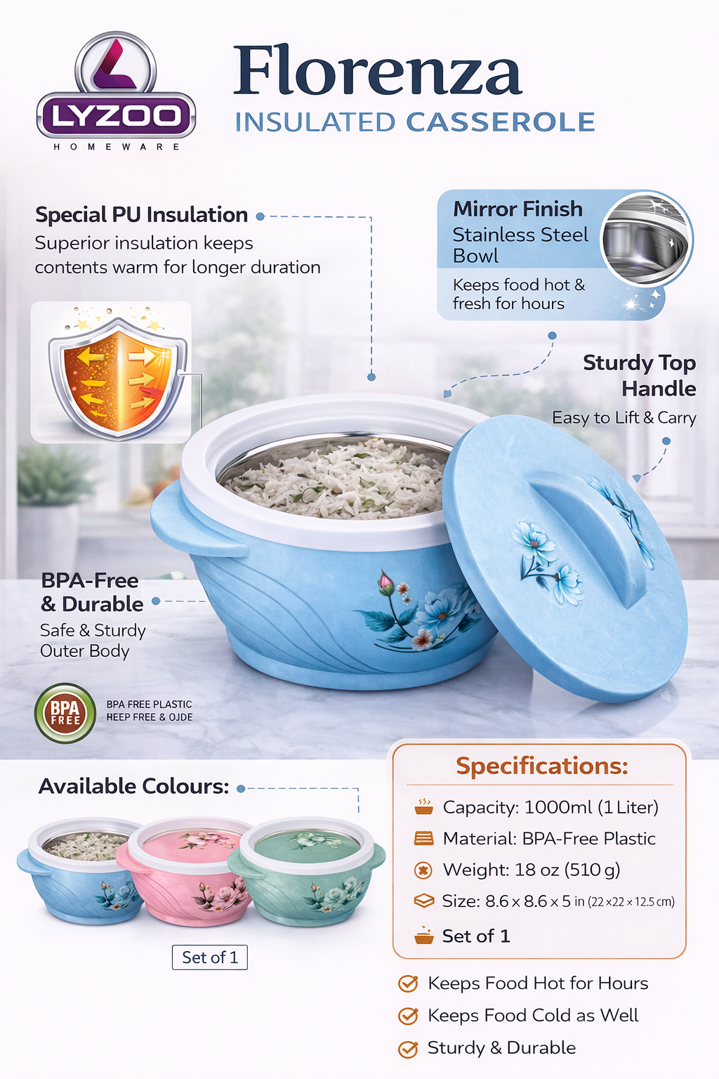 Lyzo Florenza Insulated Casserole 1 Litre, BPA-Free Hot Case with Stainless Steel Inner, PU Insulation, Keeps Food Hot & Fresh, Durable Serving Bowl with Lid & Handle