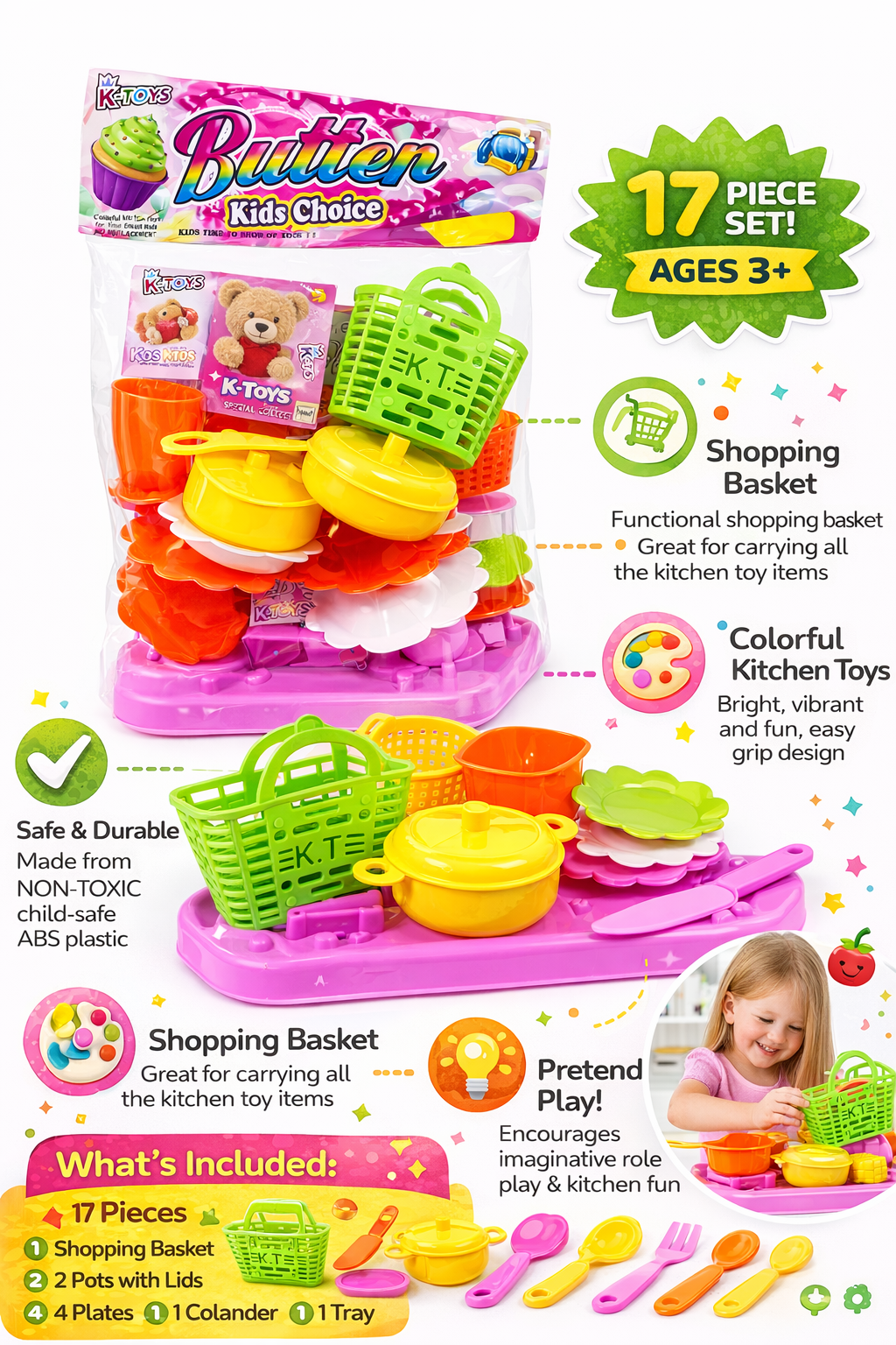 Kids Kitchen Toy Set with Shopping Basket, 17-Piece Pretend Play Cooking Set with Pots, Plates & Utensils, Colorful Kitchen Playset for Boys & Girls (3+ Years)