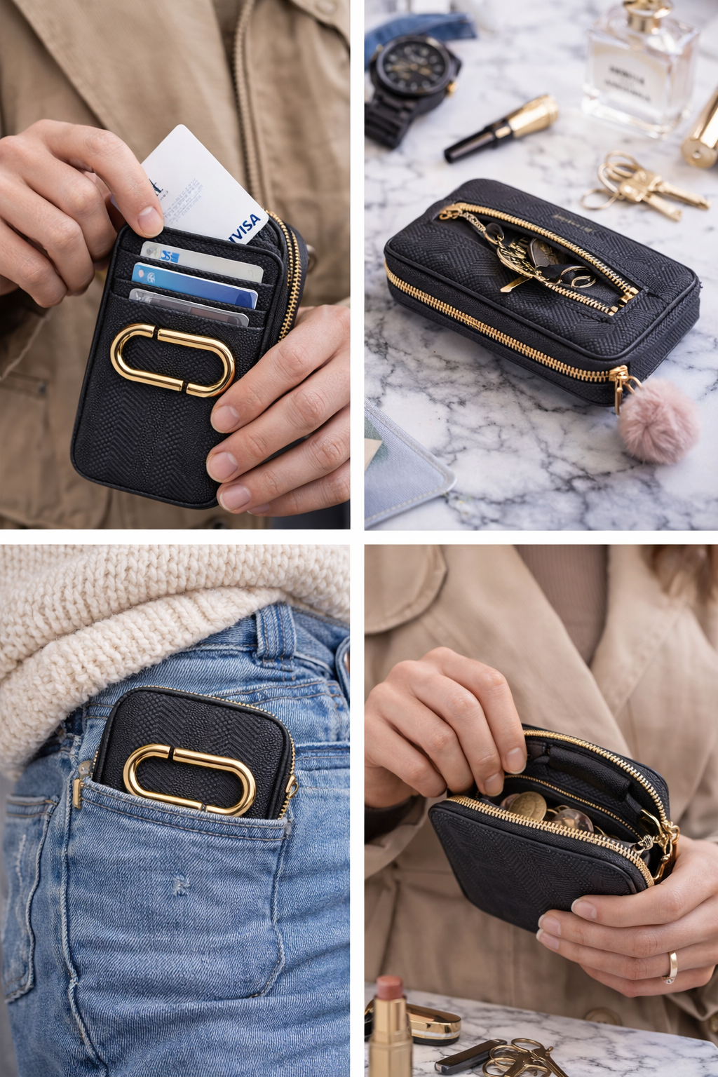 Black Wallet Organizer for Women, Compact Faux Leather Zip Wallet with Card Slots, Coin Pocket, Cash Compartment and Gold Tone Hardware