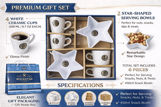 6-Piece Ceramic Gift Set with Cups & Star Bowls | 4 Coffee Cups (200 ml) + 2 Star-Shaped Snack Bowls (450 ml) | Premium Glossy Finish