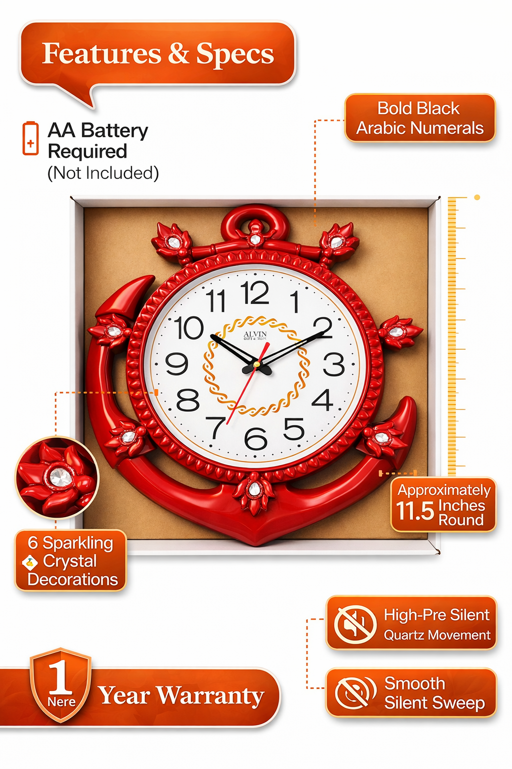 Designer Crystal Wall Clock with Arabic Numbers | Battery Operated, Noiseless Clock for Living Room & Bedroom